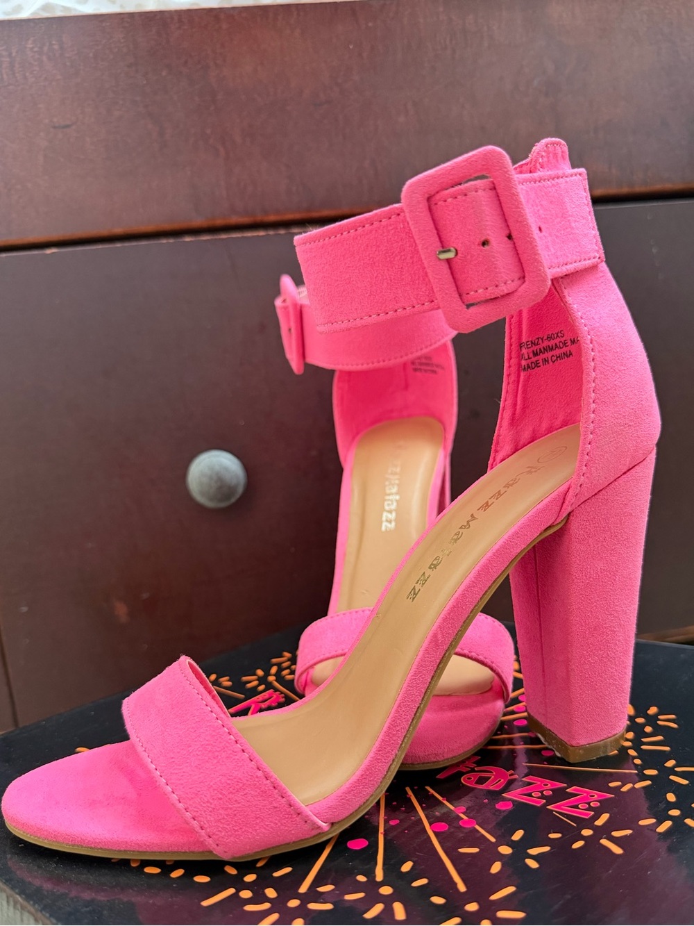 Pink Suede Ankle Strap Block Heel Sandals